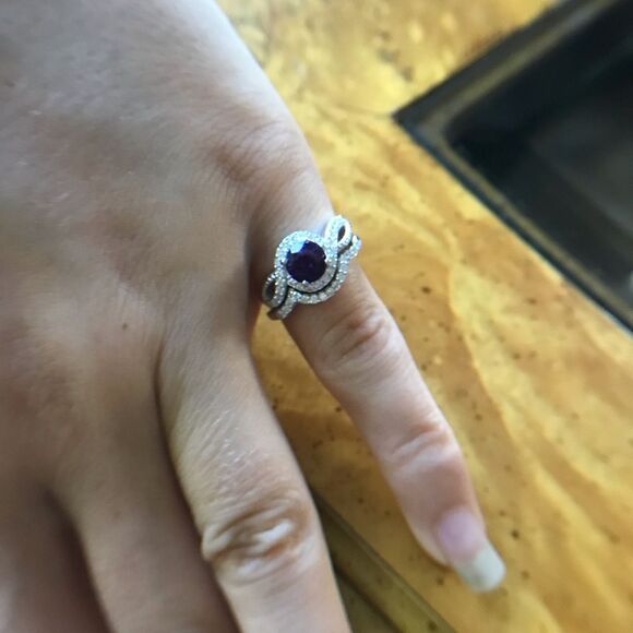 Natural Amethyst Moissanite Sterling Silver Ring Set Size 5 - Picture 5 of 8